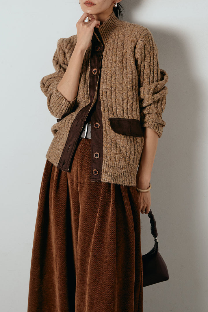 [SET]ボトルネックケーブルニットカーディガン+ベルトループコーデュロイワイドパンツ(2set)