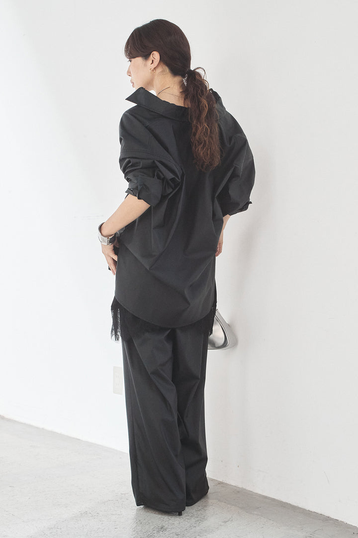 [SET]ウォッシャブルエコレザービックカフスシャツ+ウォッシャブルエコレザータックパンツ(2set)