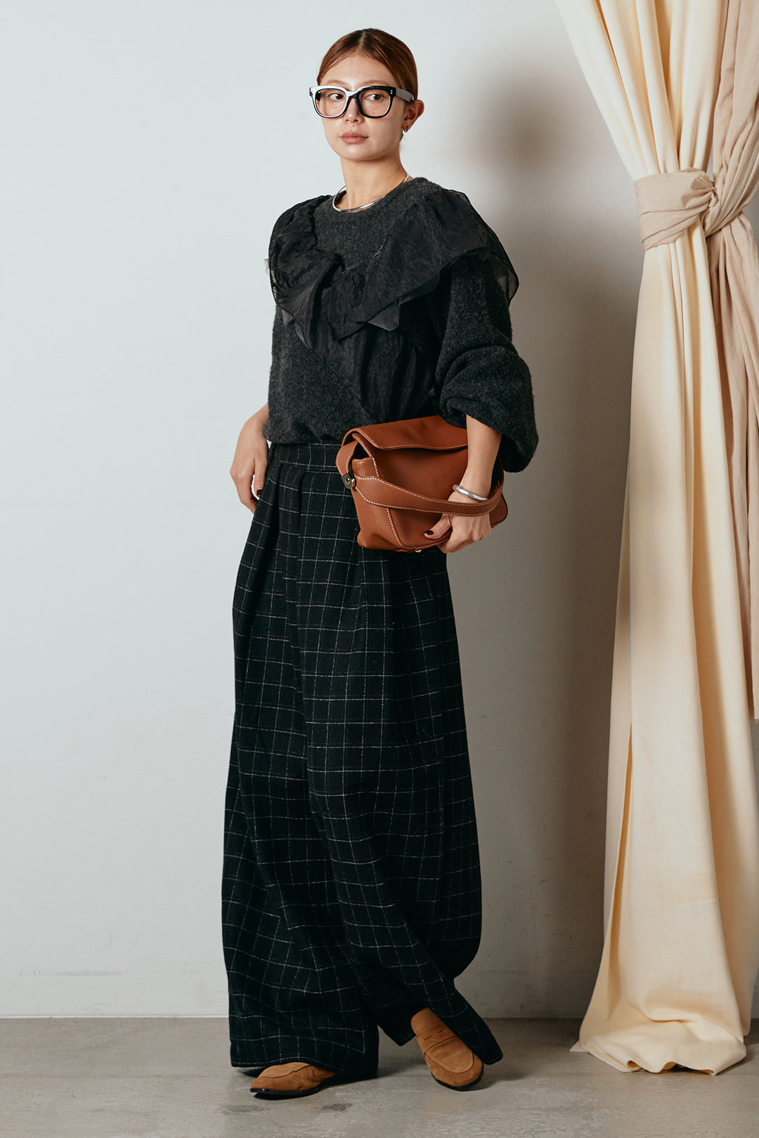 [SET]アシンメトリーフリルニットトップス+ウールライクチェックタックパンツ(2set)