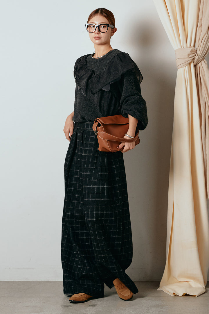[SET]アシンメトリーフリルニットトップス+ウールライクチェックタックパンツ(2set)