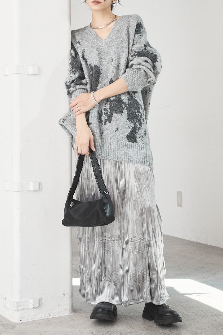 [SET]アブストラクト柄ニットプルオーバー+ベロアロングプリーツスカート(2set)
