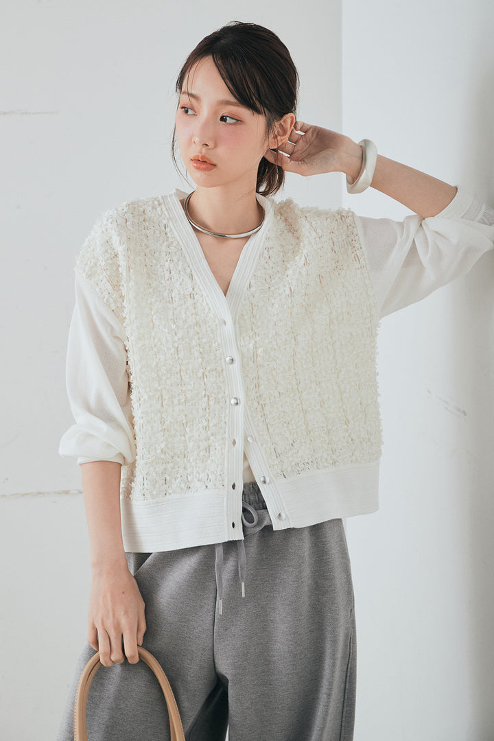 [SET]モコレースVネックカーディガン+カットダンボールウエストフリルカーブパンツ(2set)