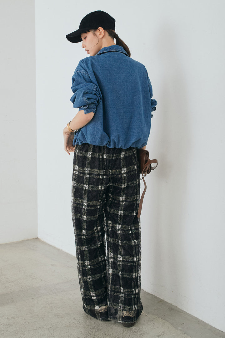 [SET]スタンドカラーデニムブルゾンジャケット+レースチェックワイドイージーパンツ(2set)