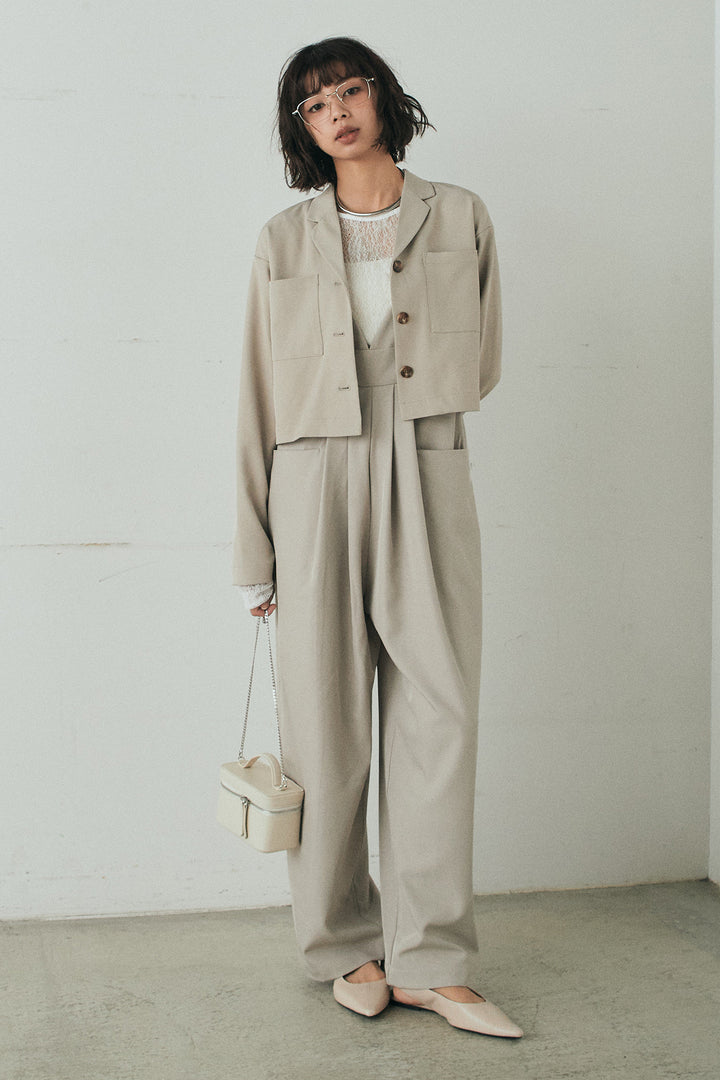 [SET]バックジップデザインショートツイルジャケット+キャミロングオールインワン+ストレッチレースクルーネックインナー(3set)