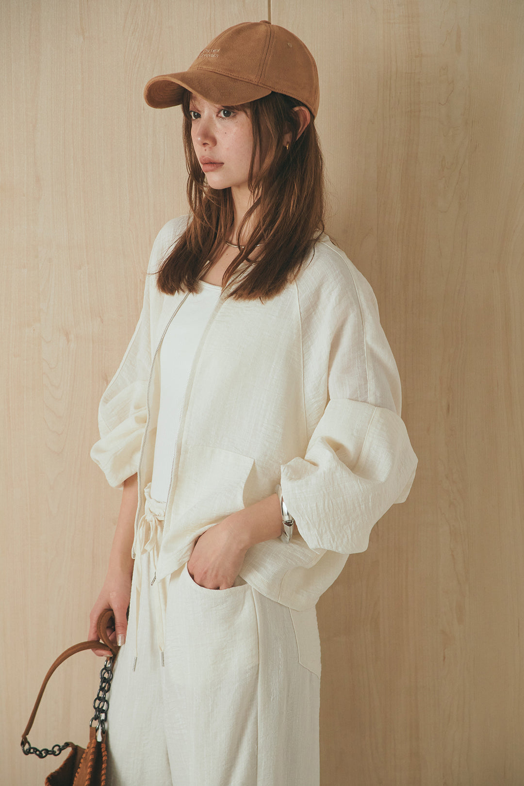 [SET]麻混ノーカラーブルゾン+麻混ウエストドロストパンツ(2set)