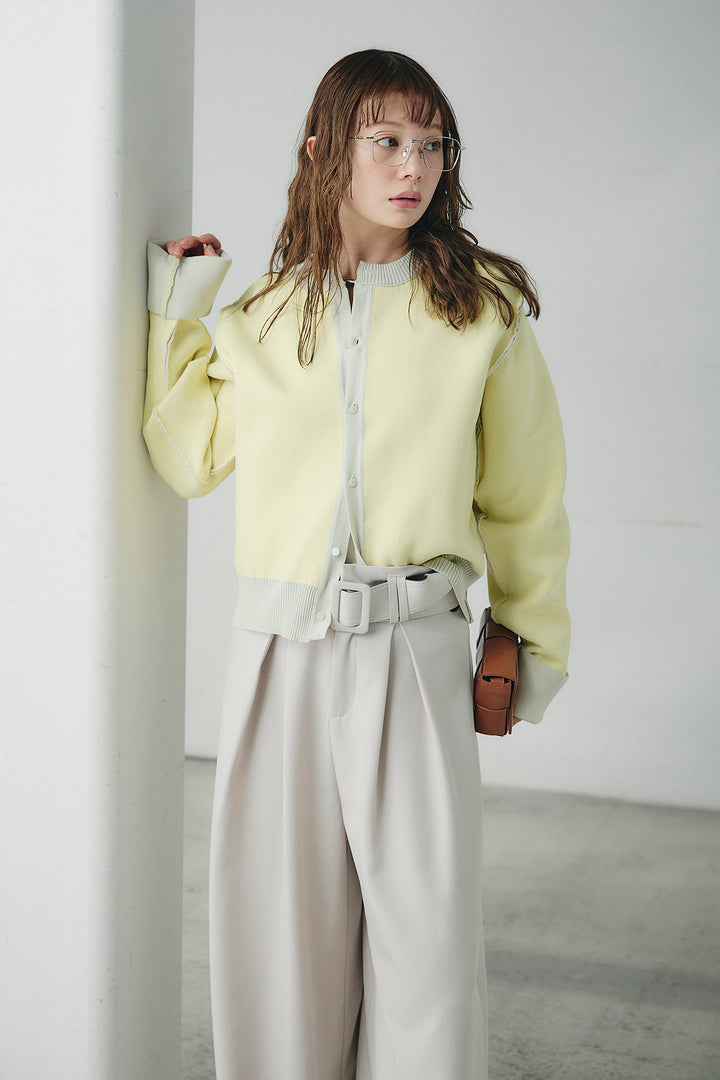 [SET]リバーシブル配色ニットカーディガン+ベルト付きツータックワイドパンツ(2set)