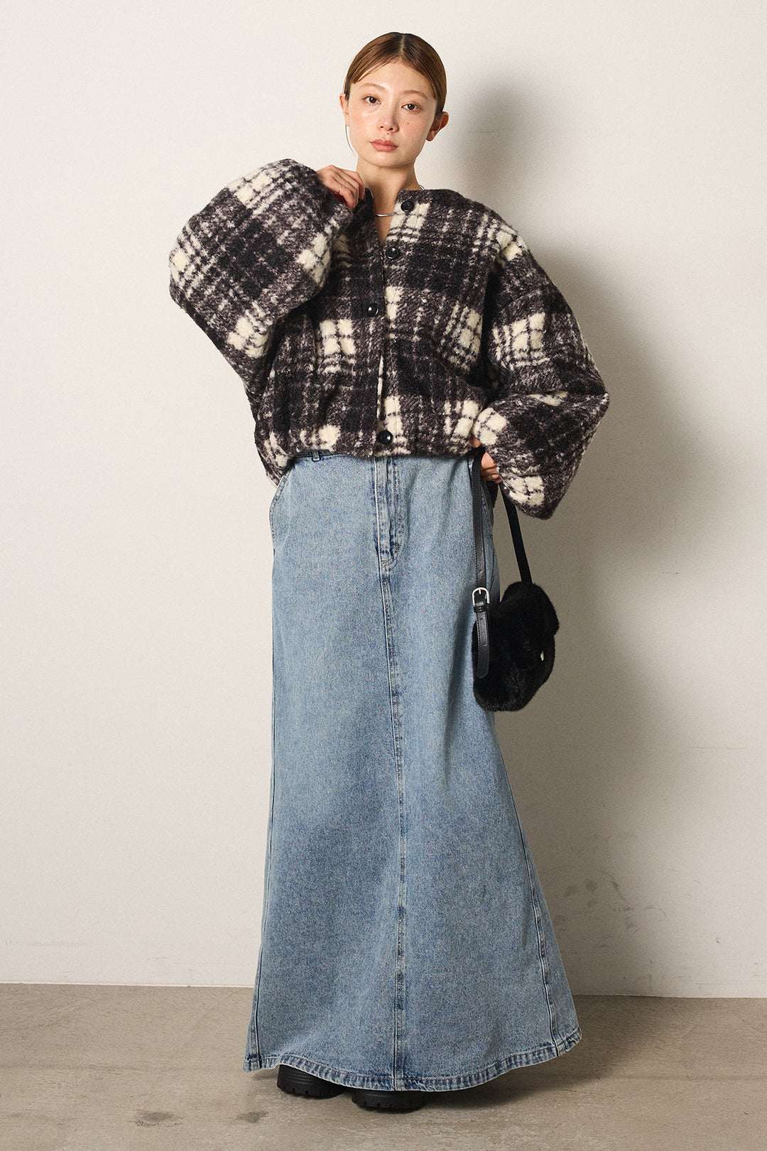[SET]ノーカラーチェック柄ボアブルゾン+デニムロングフレアスカート(2set)