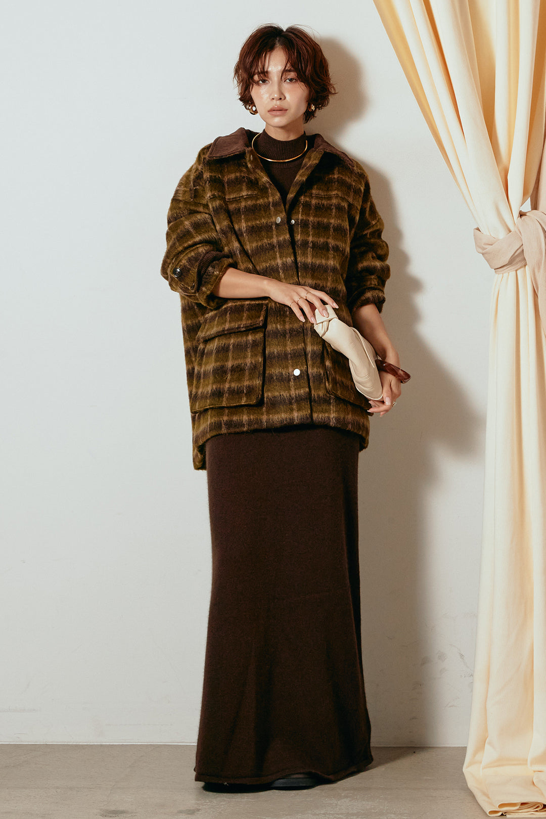 [SET]チェックシャギーミドルカバーオール+ノースリーブニットロングワンピース(2set)