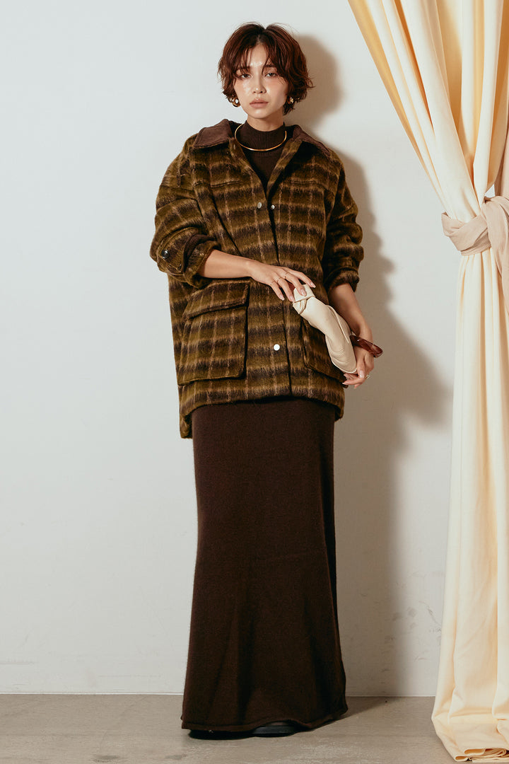 [SET]チェックシャギーミドルカバーオール+ノースリーブニットロングワンピース(2set)