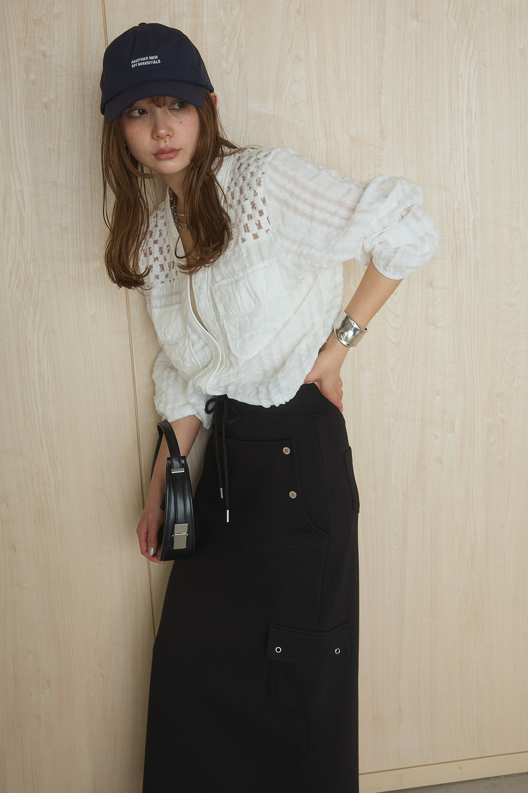 [SET]異素材切替シアーメッシュカーディガン+ドットボタン付きカットタイトスカート(2set)