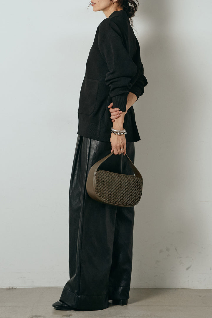 [SET]メタル釦衿付きニットカーディガン+ベルト付きレザーライクタックパンツ(2set)