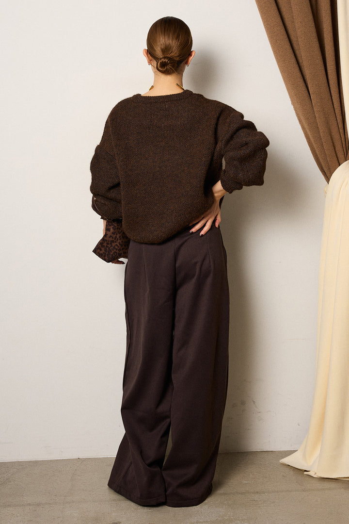 [SET]ロゴシャギーニットプルオーバー+巻ベルトウエストレザーライクワイドパンツ(2set)