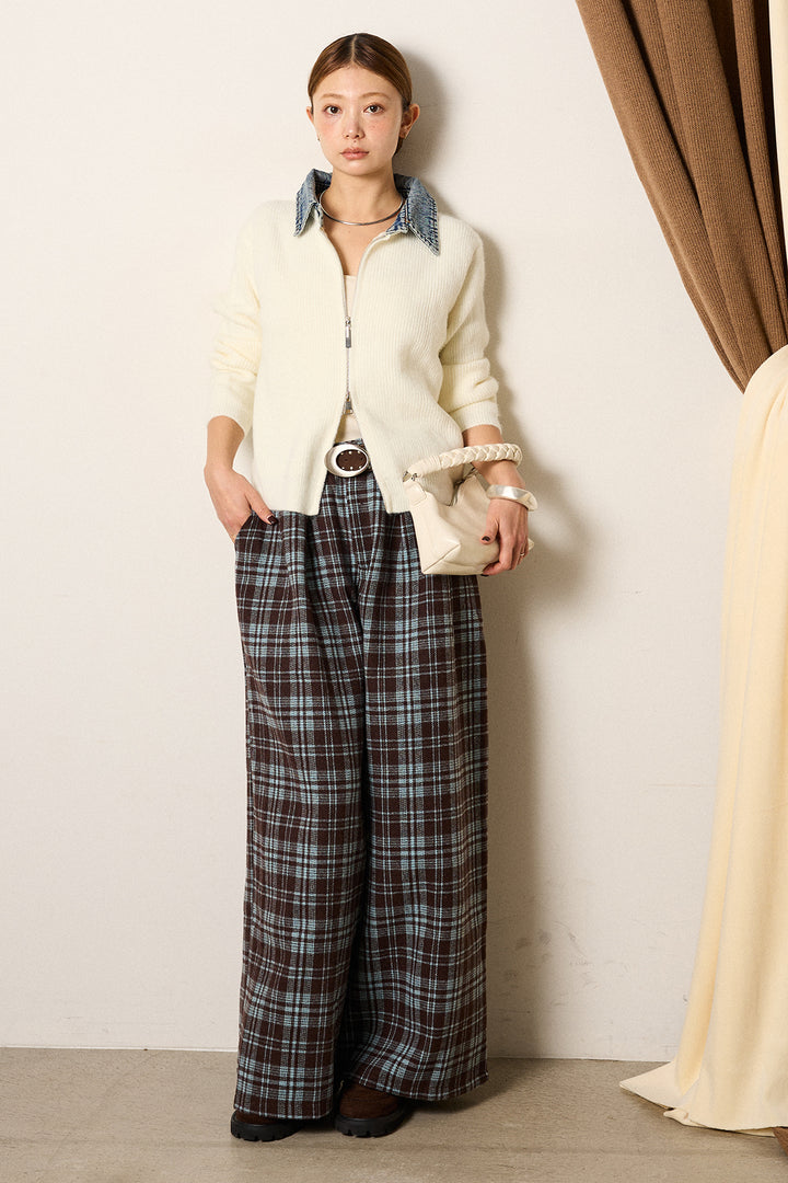 [SET]デニム襟ダブルジップニットトップス+スタッズデザインベルトタータンチェックパンツ(2set)