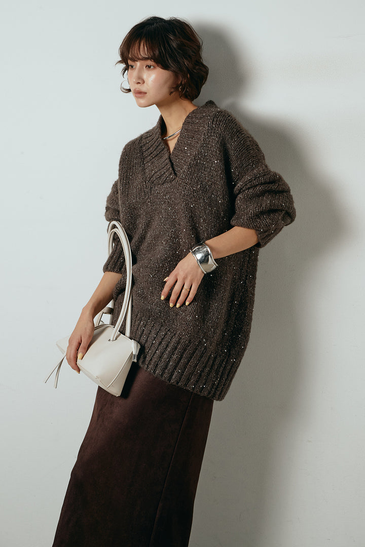 [SET]Vネックラメニットトップス+スウェードライク裾フリンジスカート(2set)