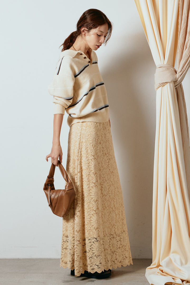 [SET]襟付きマルチボーダーニットポロトップス+花柄刺繍ベロアフレアスカート(2set)
