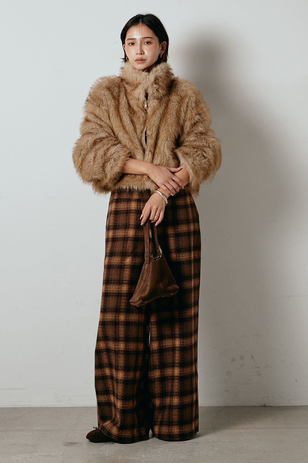 [SET]エコファーショート丈ブルゾン+ルーズタータンチェックワイドパンツ(2set)