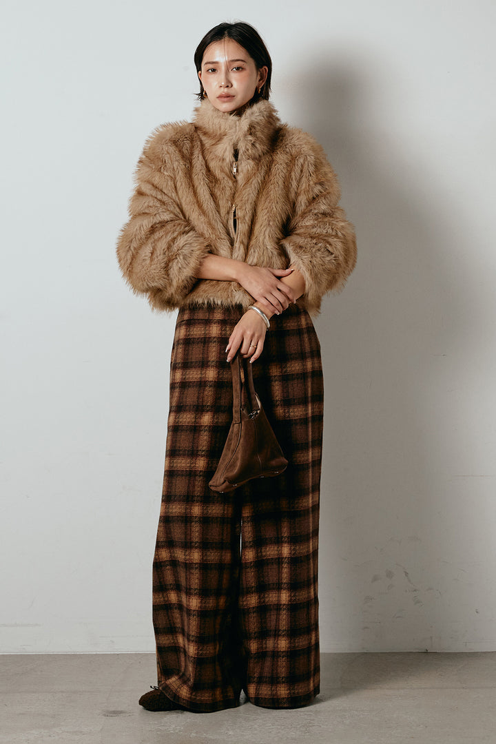[SET]エコファーショート丈ブルゾン+ルーズタータンチェックワイドパンツ(2set)
