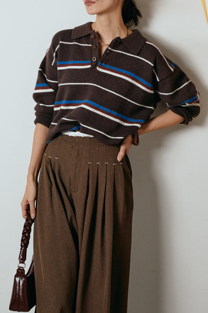 [SET]襟付きマルチボーダーニットポロトップス+ウエストステッチデザインワイドスラックス(2set)