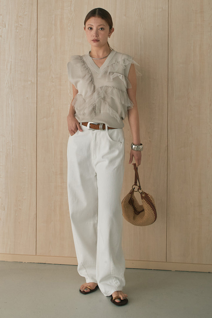 [SET]チュールラッフルニット+カラーデニムアシメカーブパンツ(2set)