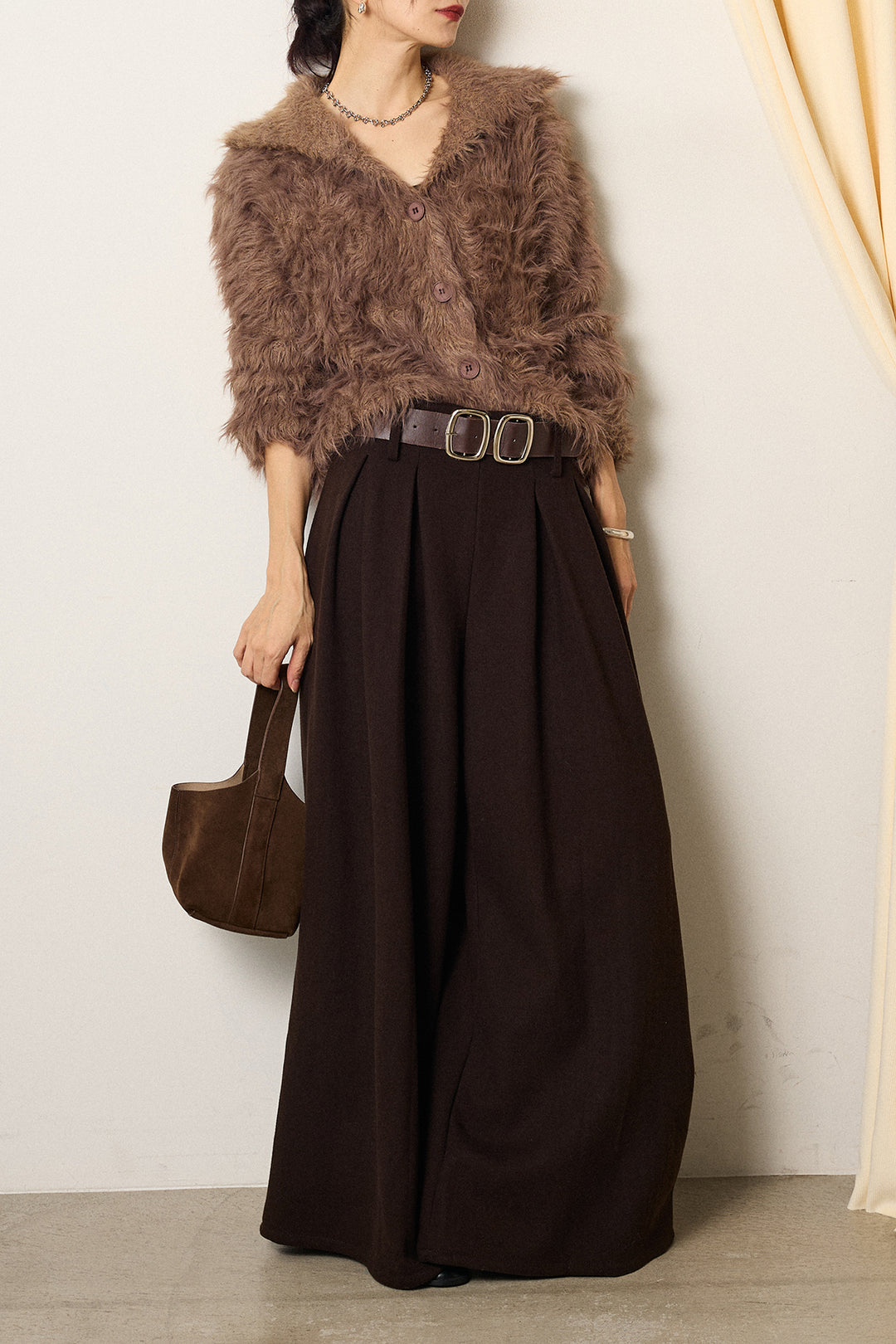[SET]襟付きシャギーニットカーディガン+フェイクレザー太ベルト付きタックワイドパンツ(2set)