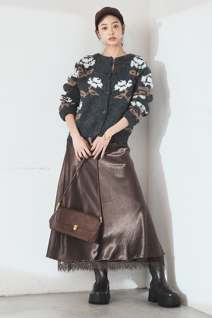 [SET]花柄ジャガードニットカーディガン+裾レースデザインサテンスカート(2set)