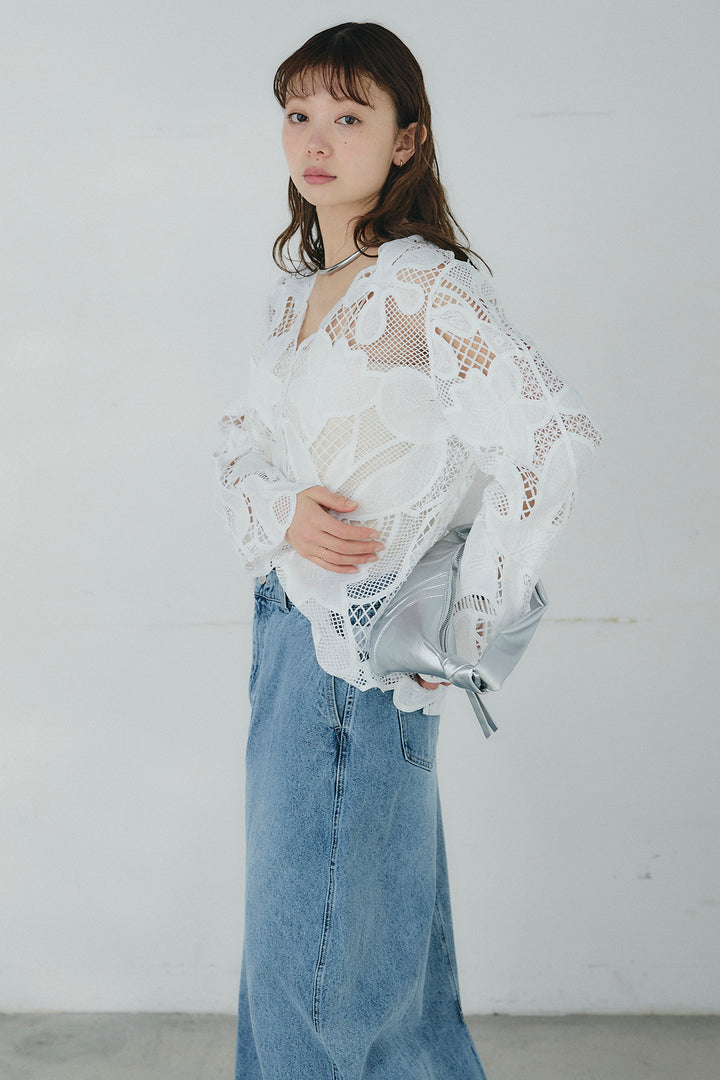 [SET]フラワー刺繍レースブラウス+デニムロングフレアスカート(2set)