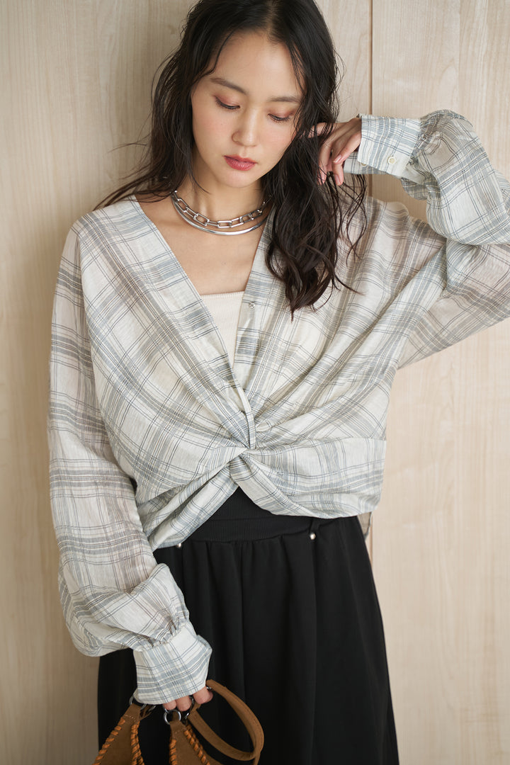 [SET]フロントツイストチェックシアーブラウス+ウエスト折り返しタックワイドスウェットパンツ(2set)