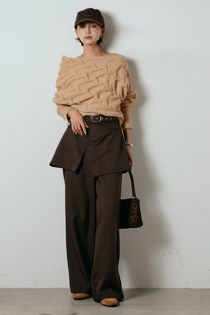 [SET]ボートネックニットトップス+ベルト付きウエストデザインパンツ(2set)
