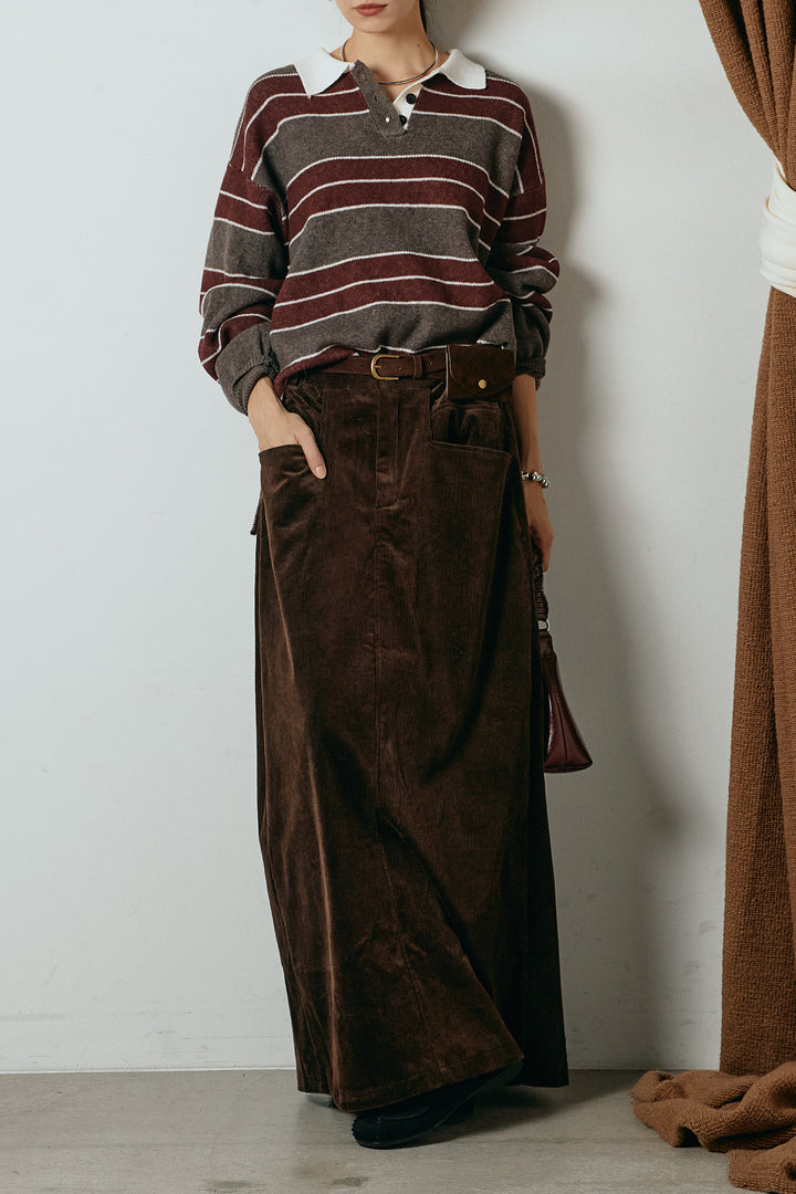[SET]ラガーニットボーダーポロプルオーバー+ポーチベルト付きコーデュロイワイドスカート(2set)