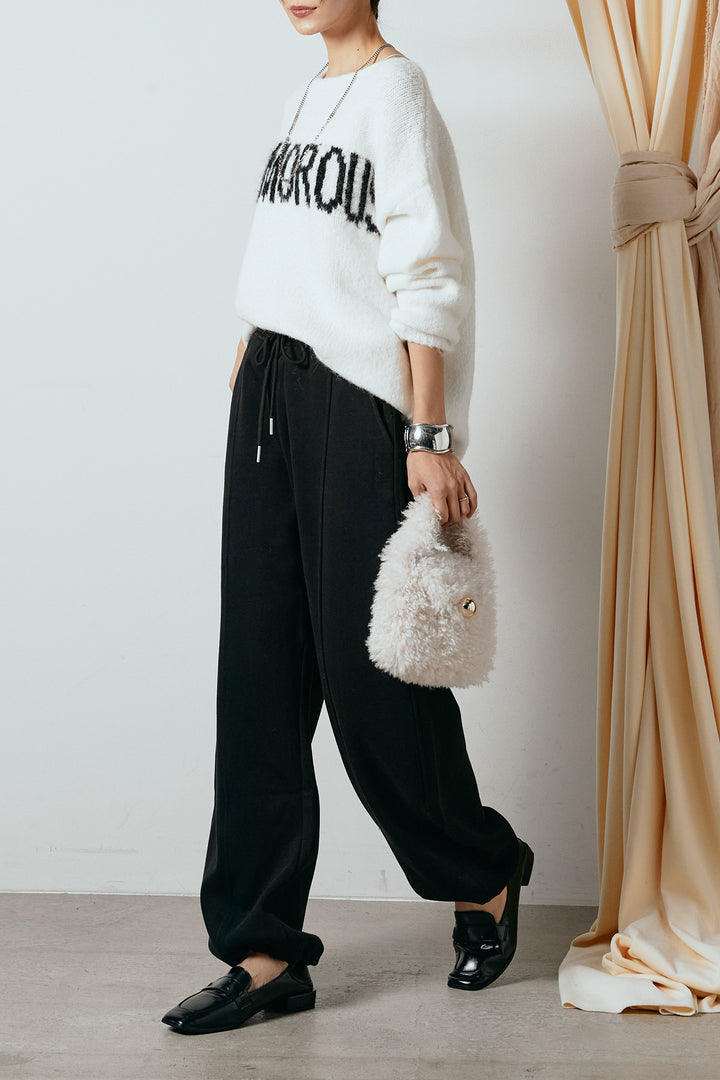 [SET]フロントロゴデザインニットトップス+スウェットワイドカーブパンツ(2set)