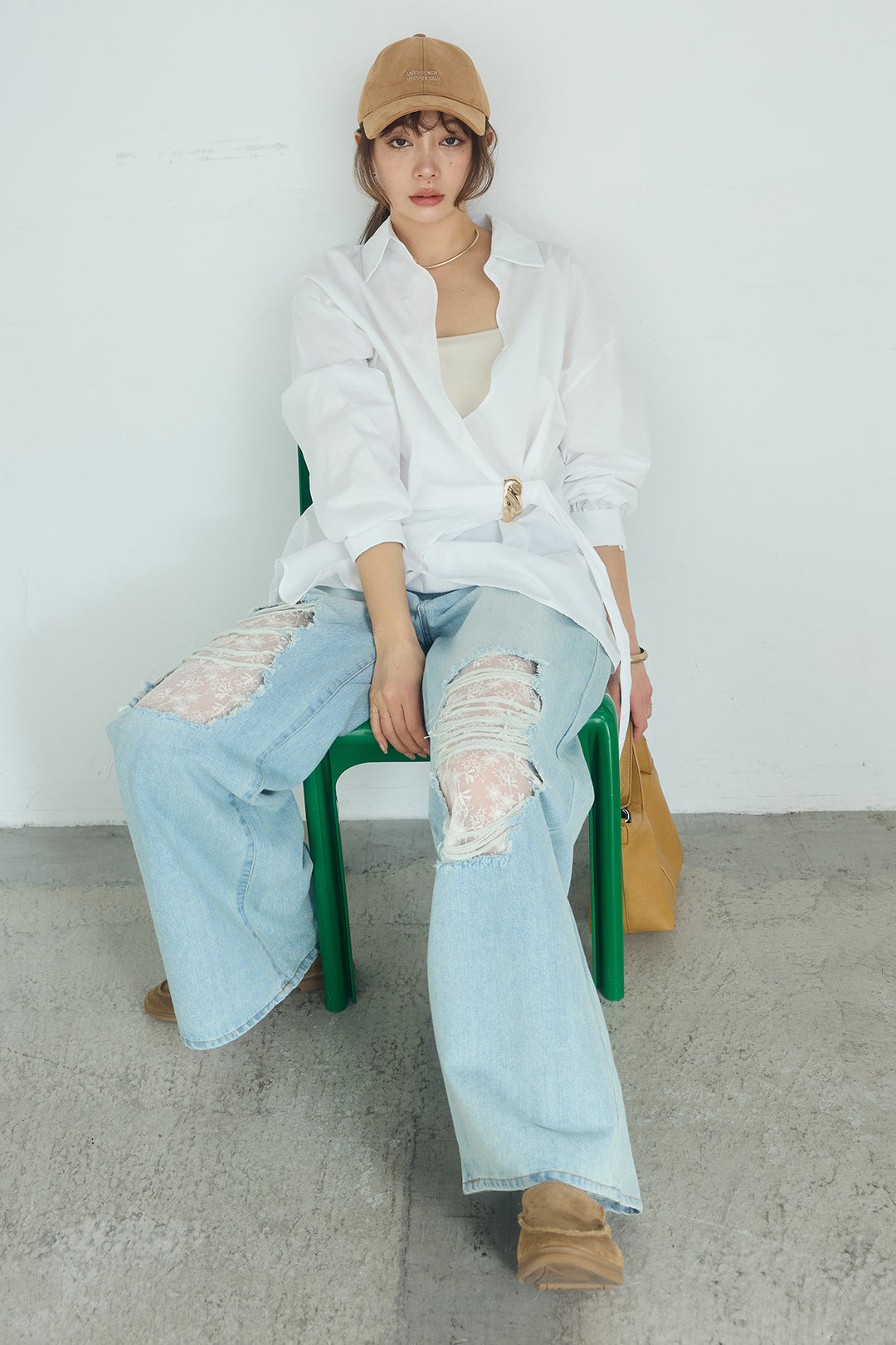 [SET]サイド留め具デザインシャツ+デニムレース付きワイドパンツ(2set)