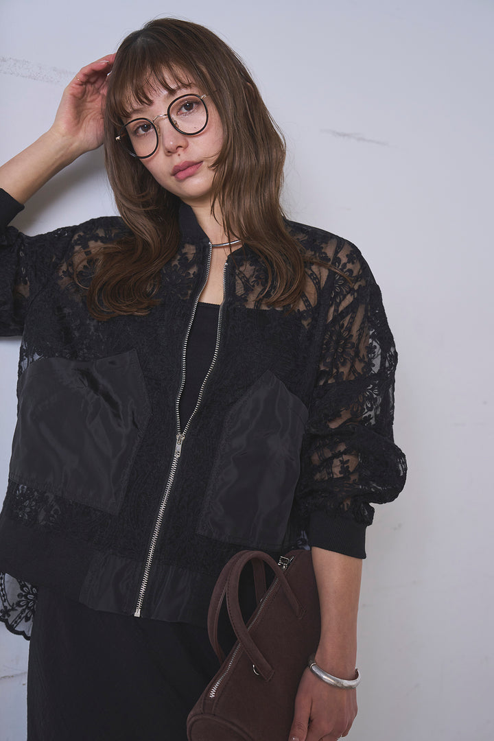 [SET]ノーカラーレースブルゾン+リネンブレンドロングナロースカート(2set)