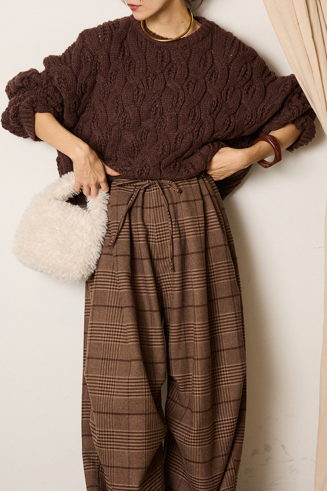 [SET]ケーブルリラックスショートニット+グレンチェックルーズタックパンツ(2set)