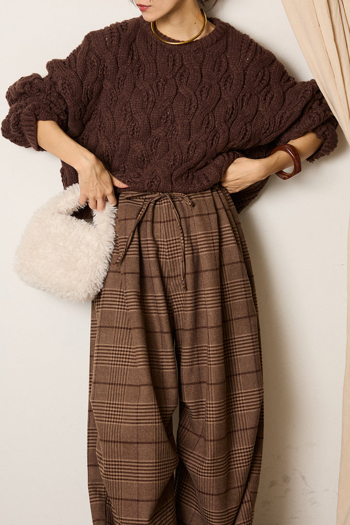 [SET]ケーブルリラックスショートニット+グレンチェックルーズタックパンツ(2set)