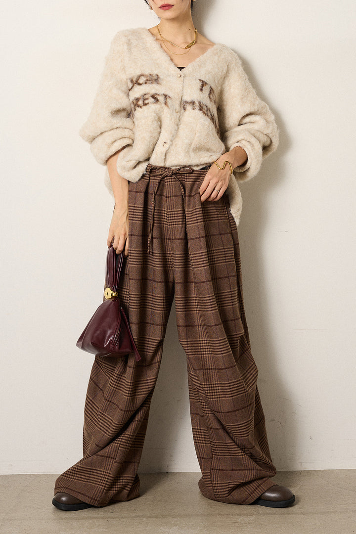 [SET]ウール混透かしロゴニットカーディガン+グレンチェックルーズタックパンツ(2set)