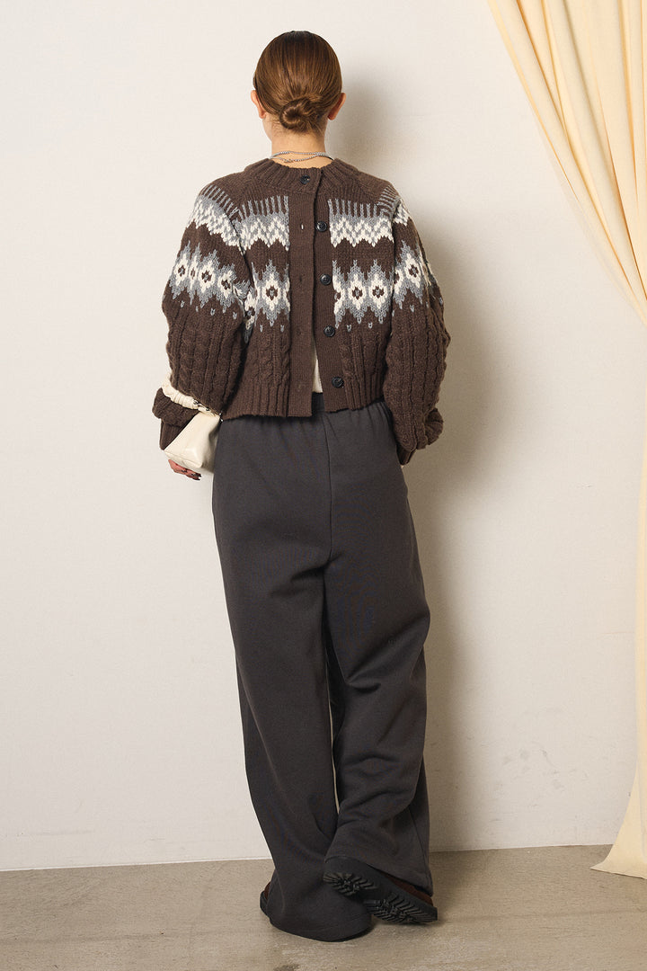 [SET]2WAY求心柄ジャガードショートカーディガン+裏起毛スウェットワイドパンツ+2WAY袖コード刺繍クルーネックプルオーバー(3set)