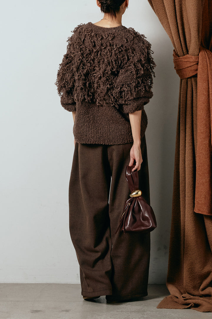 [SET]ループ編みVネックニットカーディガン+ポーチベルト付きカーブパンツ(2set)