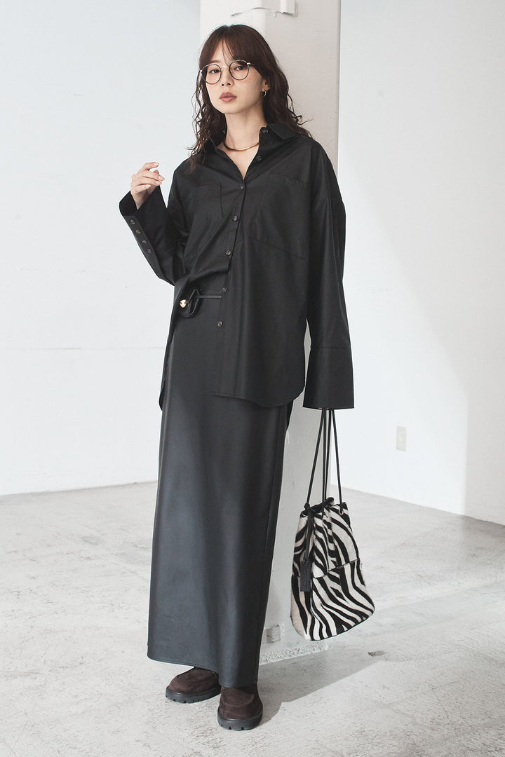 [SET]ウォッシャブルエコレザービックカフスシャツ+ウォッシャブルエコレザーナロースカート(2set)