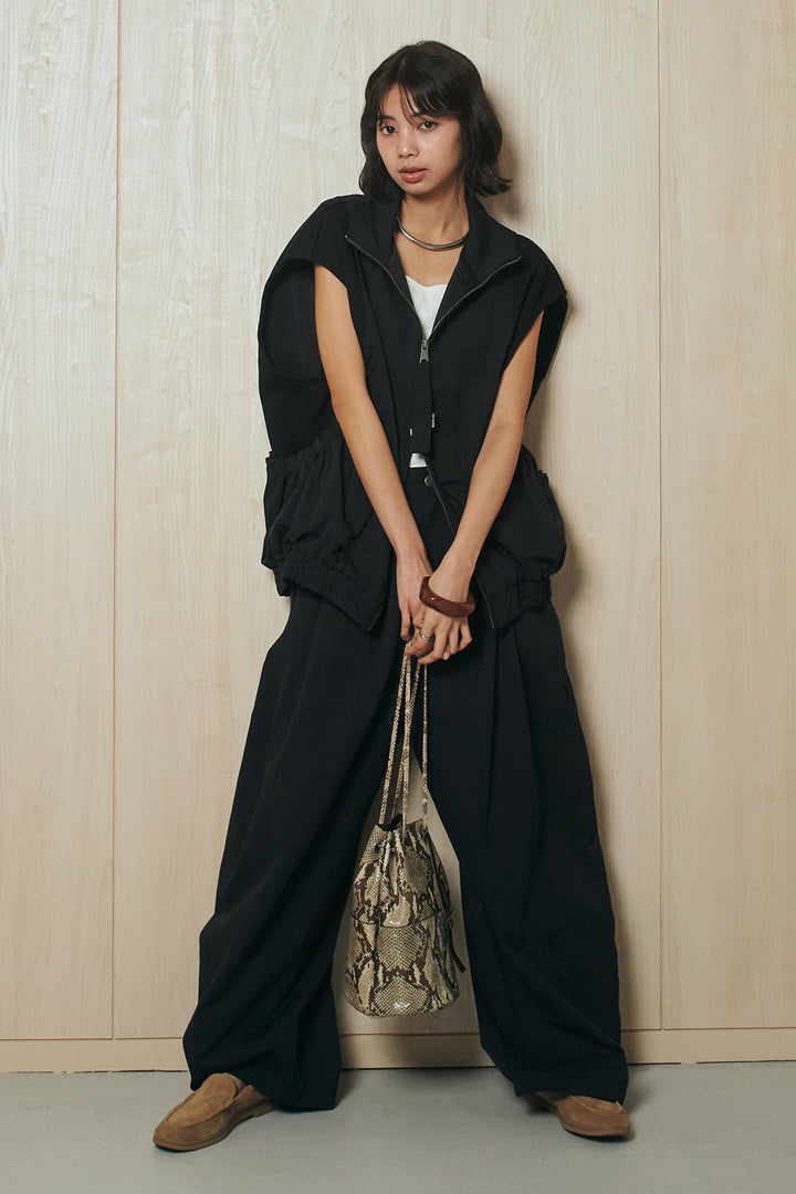 [SET]ショルダー切替スタンドネックジップベスト+コットンポリツータックセンターシームカーブパンツ(2set)