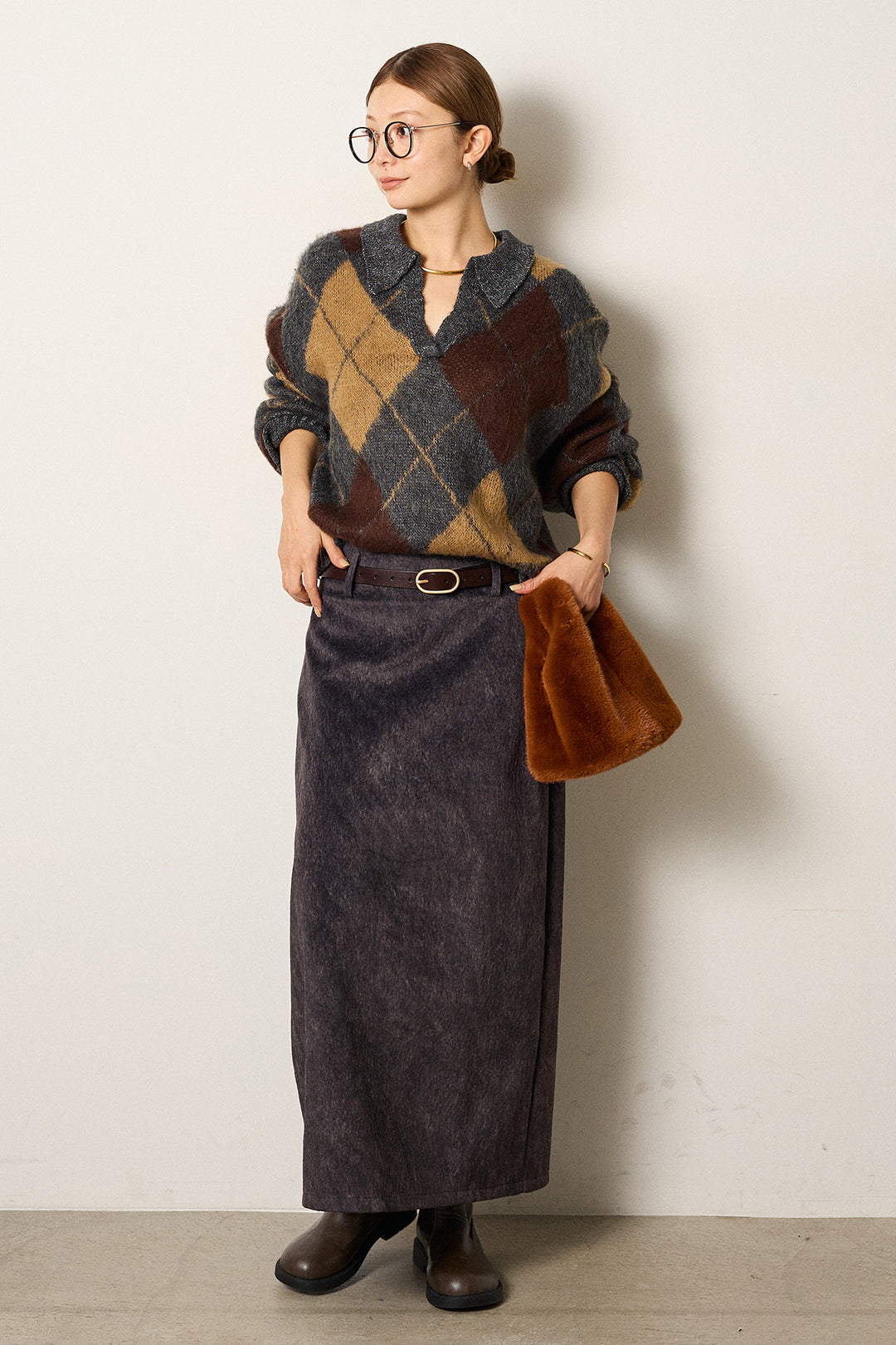 [SET]アクリルモヘアアーガイルキーネックプルオーバー+ロープベルト付きスウェード調スカート(2set)