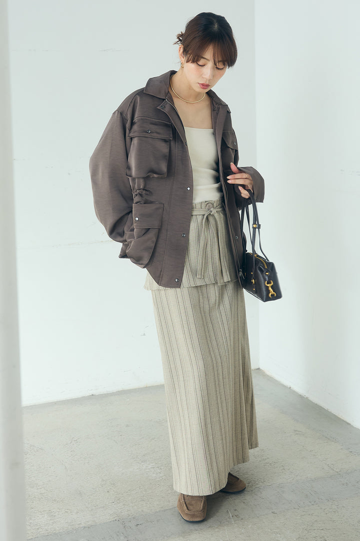 [SET]サテンライトブルゾン+ラップ巻きピンストライプワイドスカート(2set)