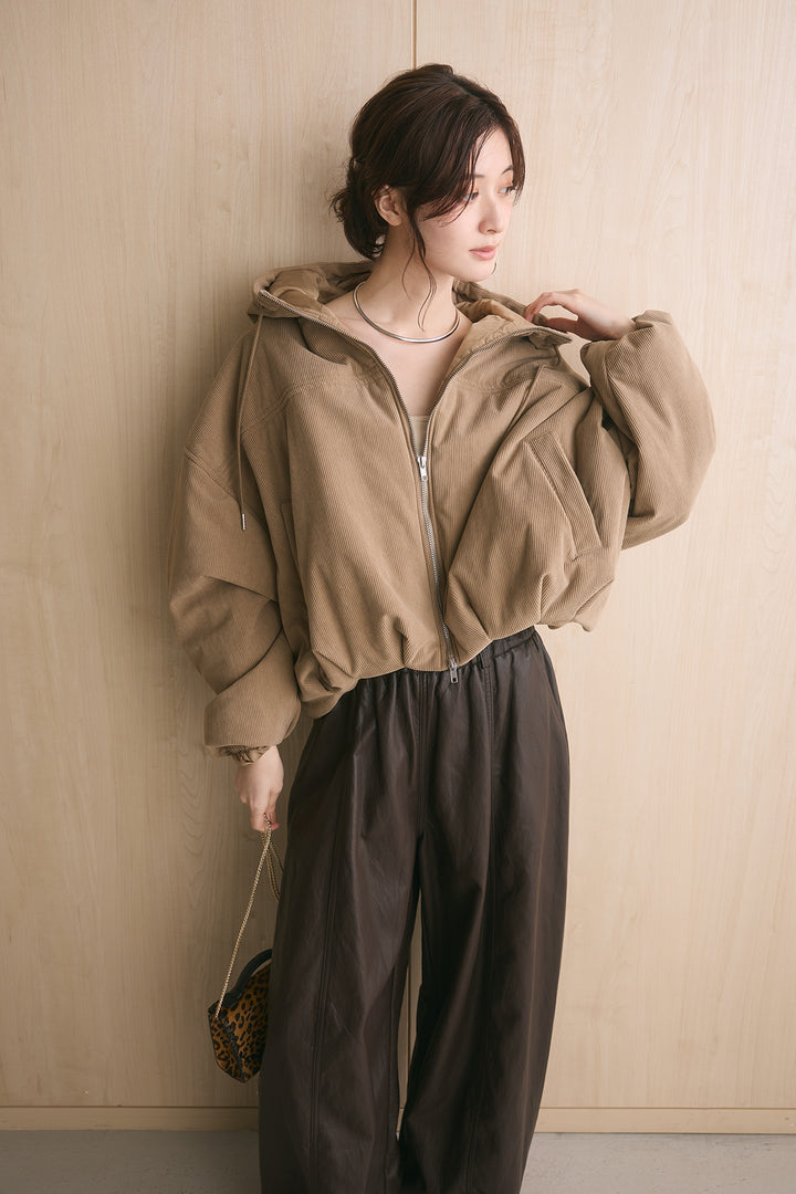 [SET]コーデュロイフーディバルーンブルゾン+フェイクレザーカーブワイドパンツ(2set)