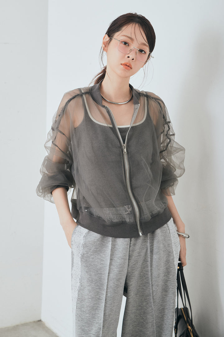 [SET]エアリーチュールスリーブシアーブルゾン+Wフェイスカットソーサイドレースラインパンツ(2set)