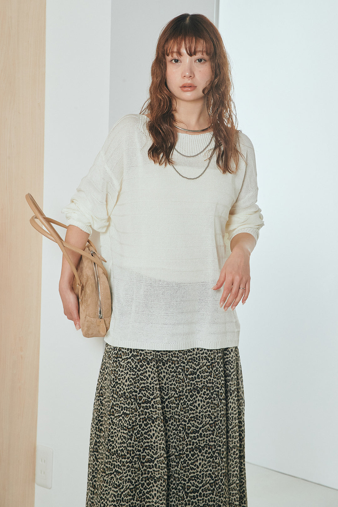 [SET]麻混リラックスニットトップス+リラックスレオパードロングスカート(2set)