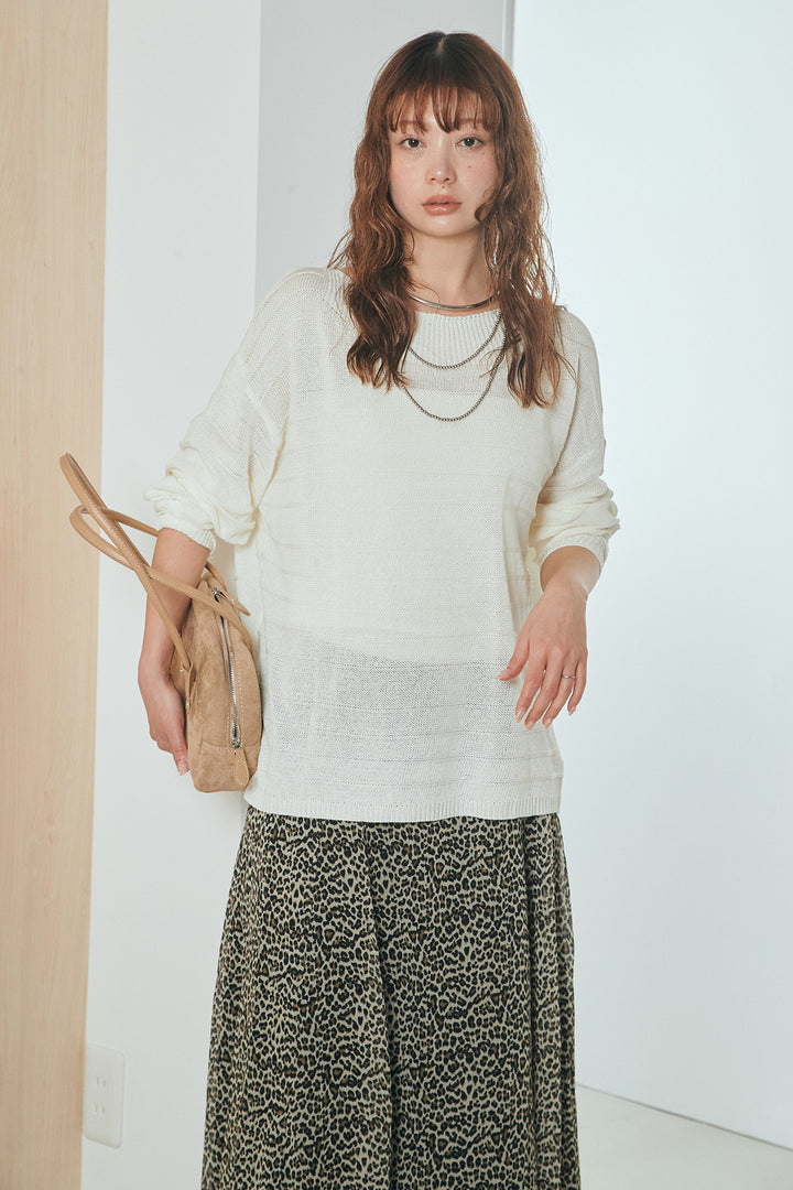 [SET]麻混リラックスニットトップス+リラックスレオパードロングスカート(2set)