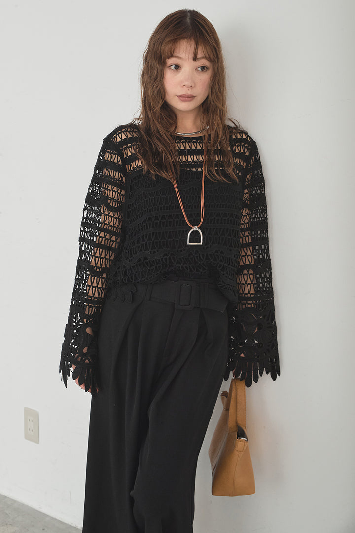 [SET]裾デザインメッシュプルオーバー+ベルト付きツータックワイドパンツ(2set)