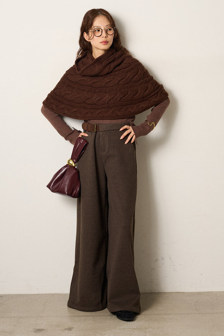 [SET]ケーブル編みケープレイヤードニット+サイドベルトパンツ(2set)