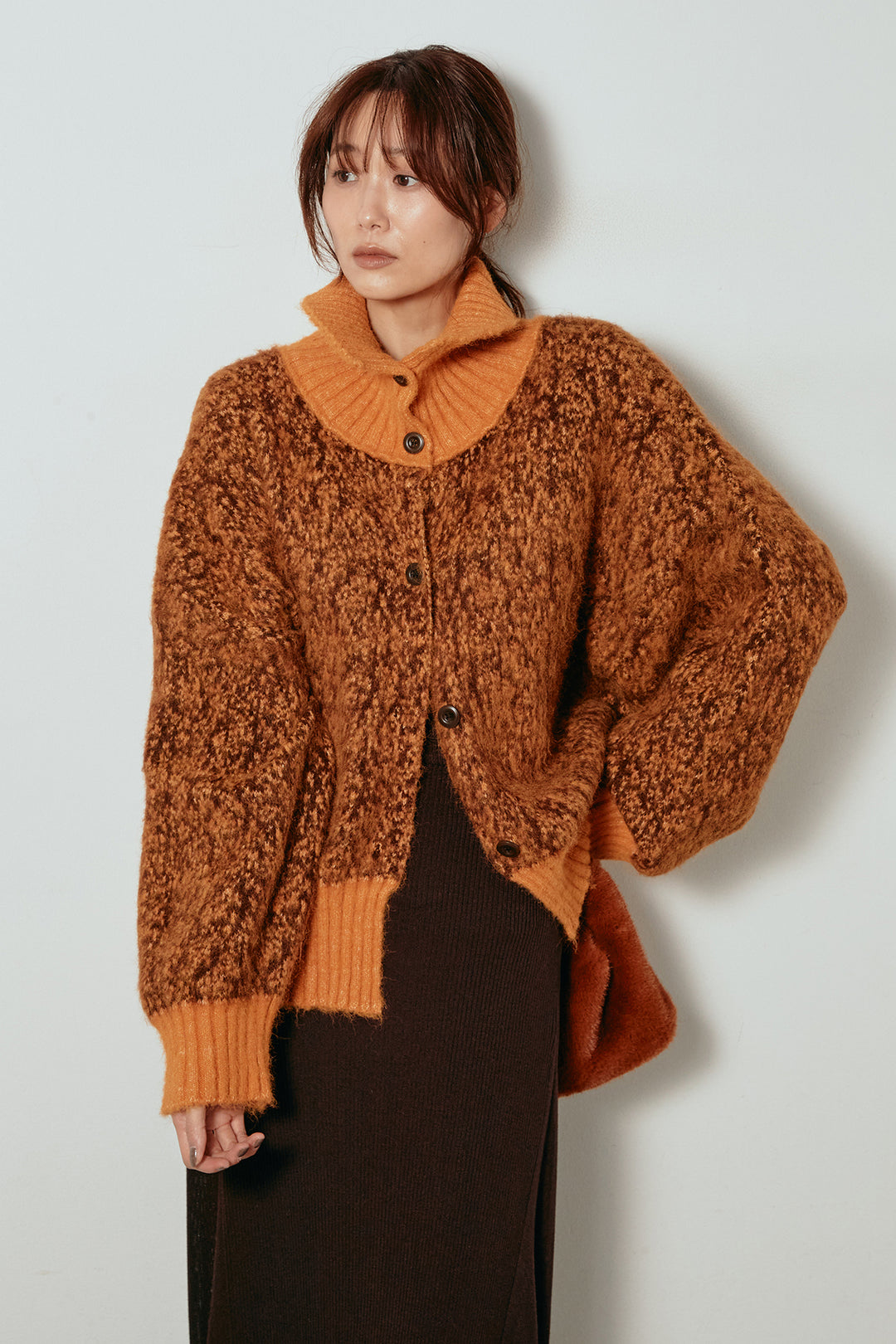 [SET]ハイネックミックスニットトップス+サイド切り替えリブニットロングスカート(2set)