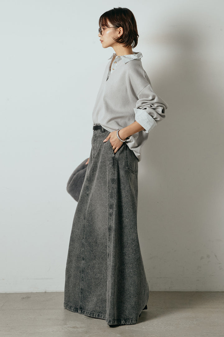 [SET]ストライプシャツドッキングポロトップス+デニムロングフレアスカート(2set)