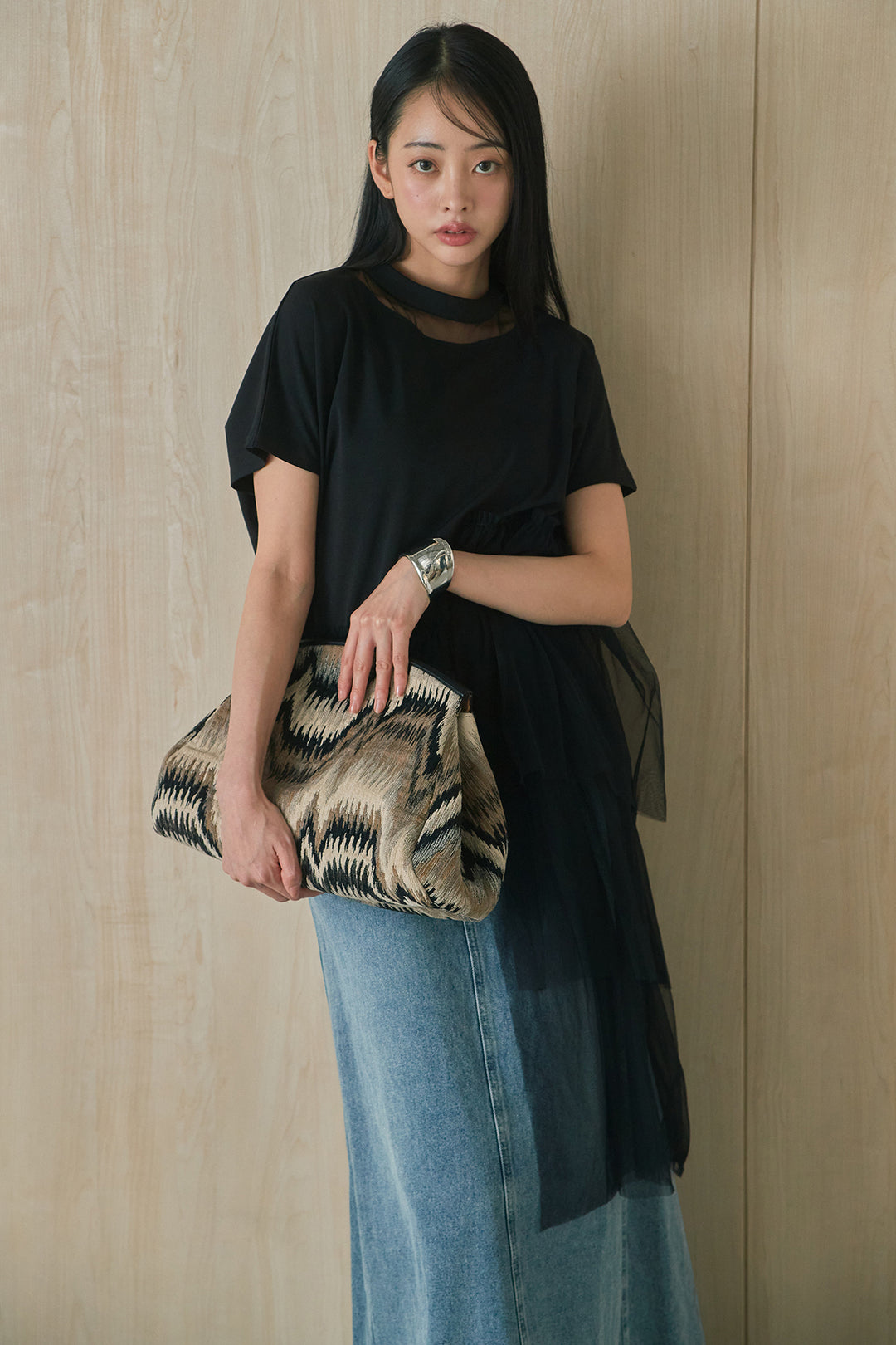 [SET]アシンメトリーチュールフリルTシャツ+デニムロングフレアスカート(2set)